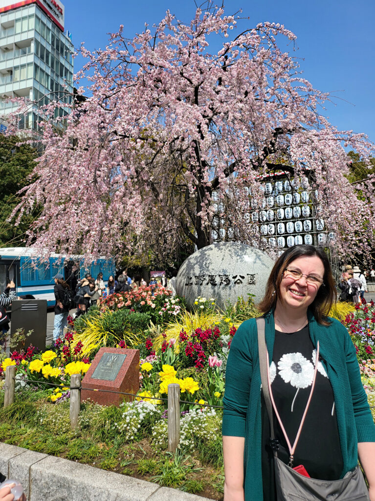 Sempre io davanti al ciliegio all'ingresso principale
